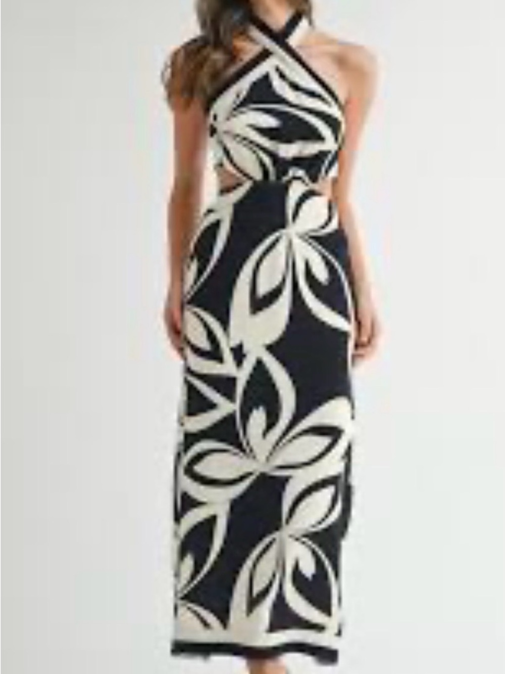 Sleeveless Black & White Cutout Halter Maxi Dress